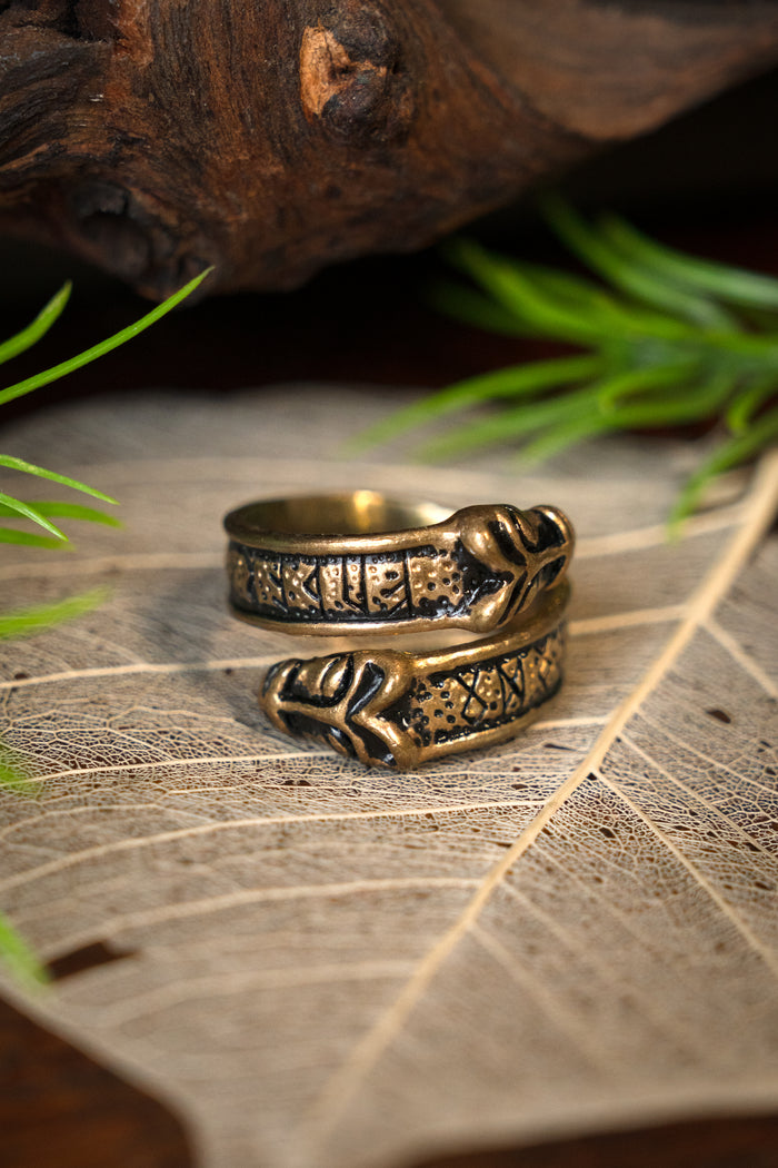 Viking rune ring with wolf heads, bronze