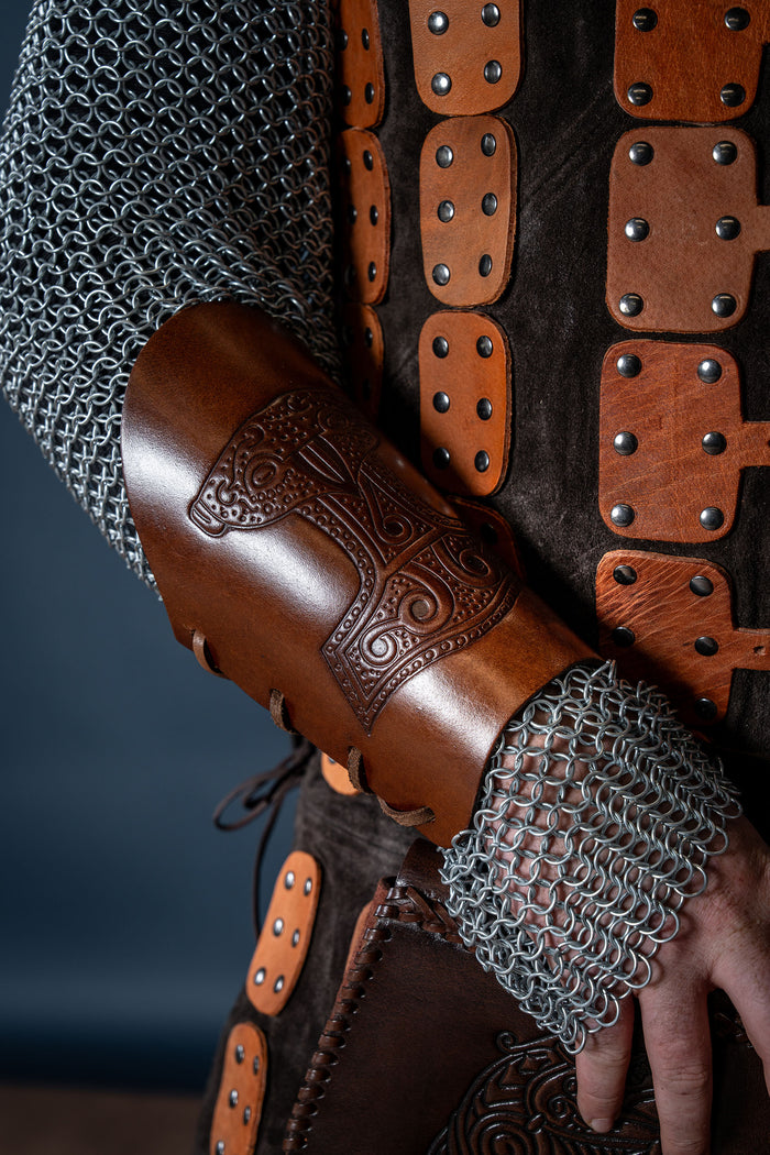 Leather Viking Bracers with Mjolnir