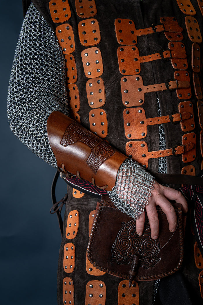 Leather Viking Bracers with Mjolnir