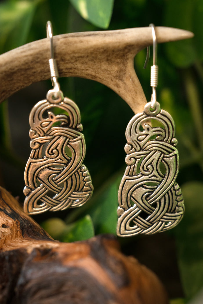 Viking dragon earrings, silvered bronze