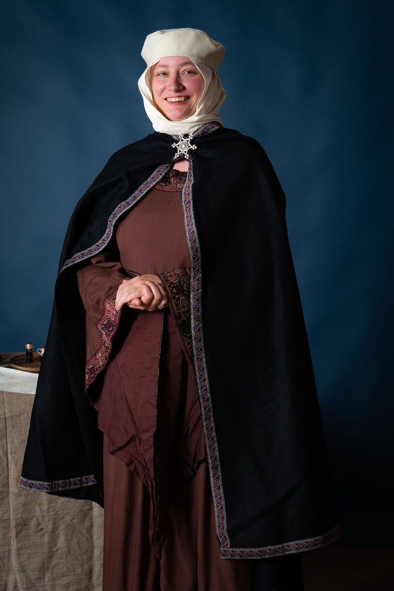 Mantello ricamato Lyra, nero, misto lana