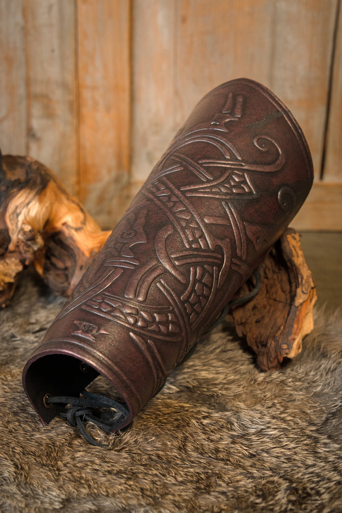 Ragnarok leather bracers, underarm guards, red