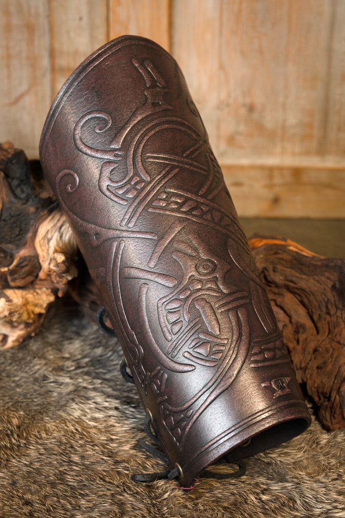 Ragnarok leather bracers, underarm guards, red