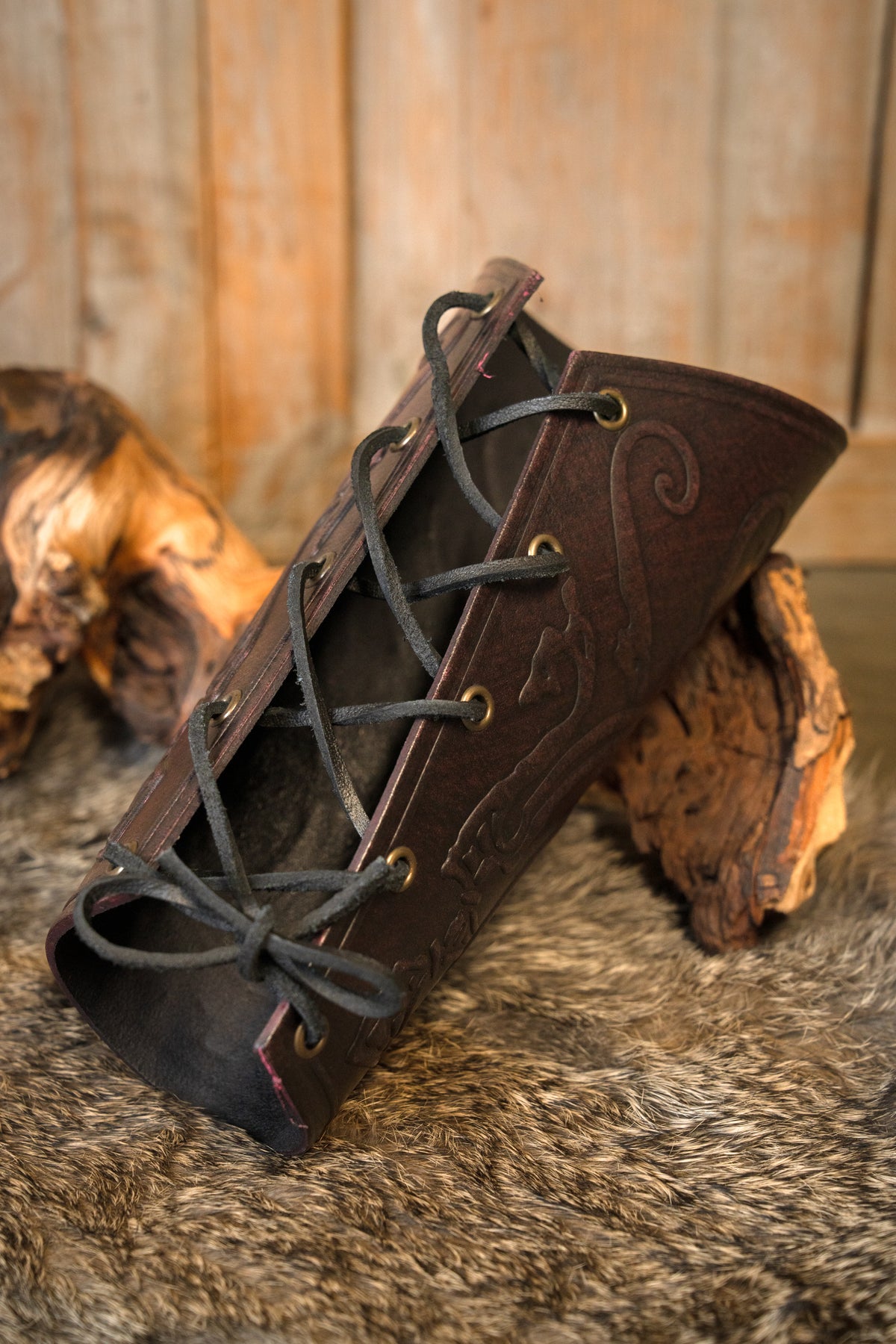 Ragnarok leather bracers, underarm guards, red
