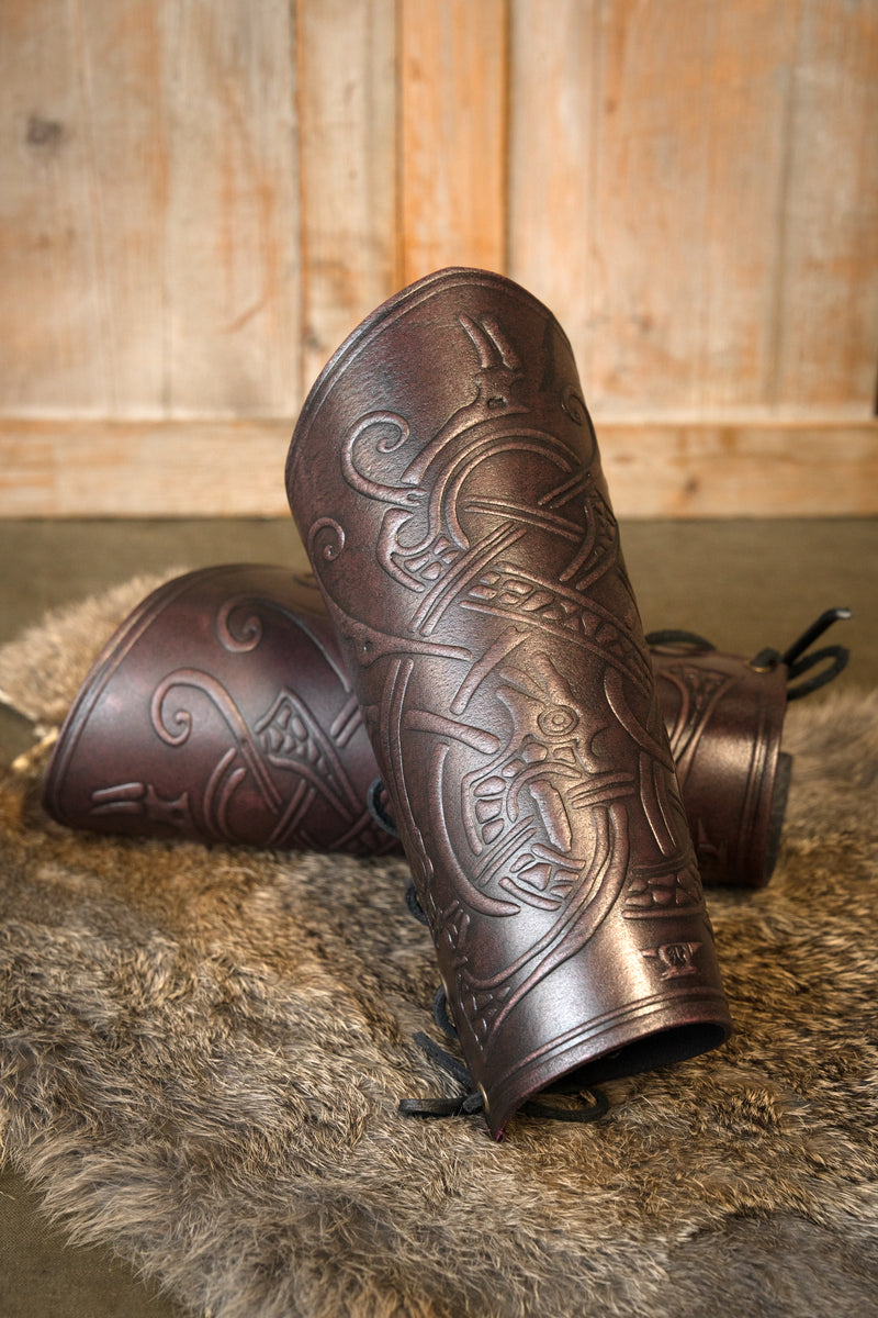 Ragnarok leather bracers, underarm guards, red