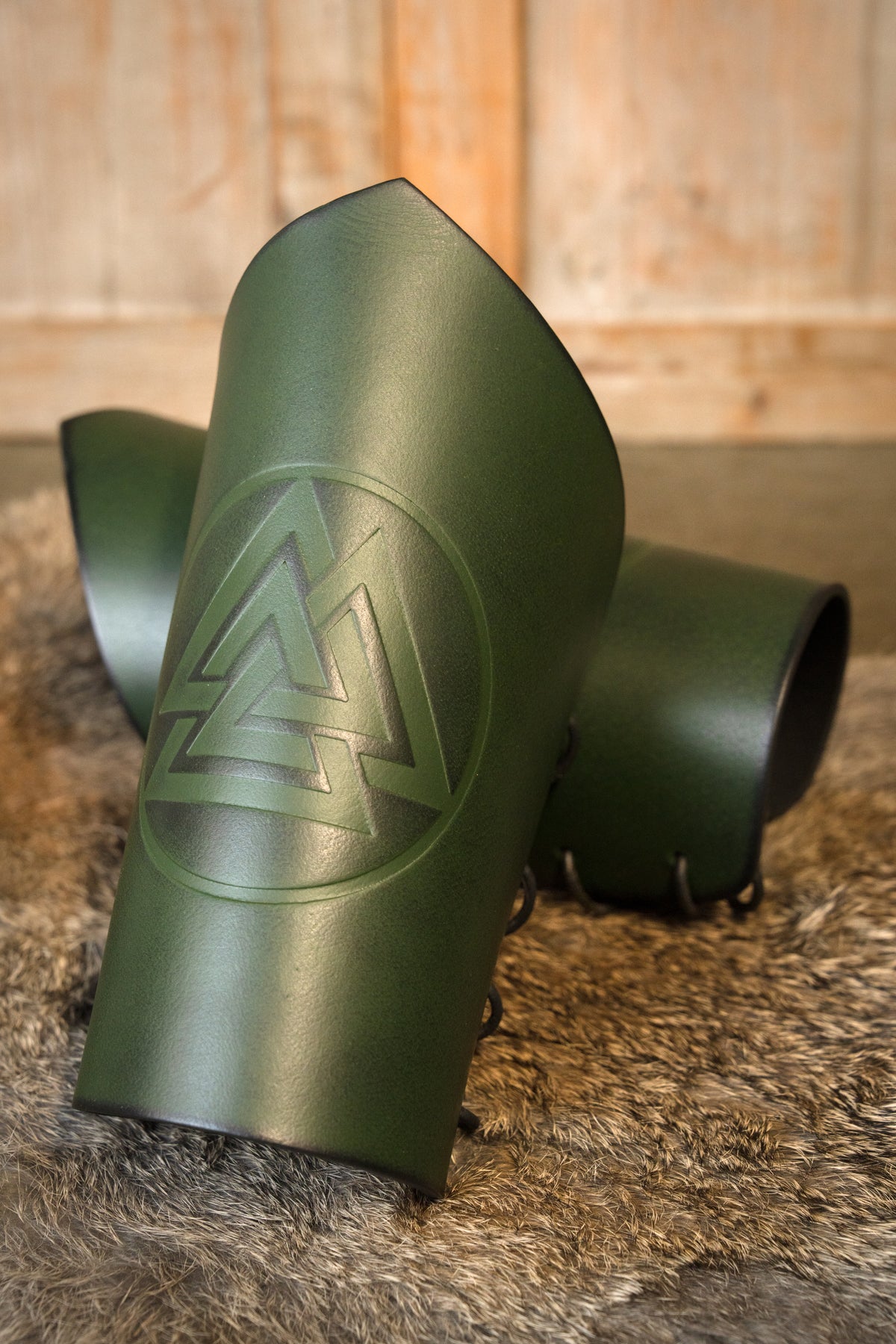 Leather bracers Valknut, green