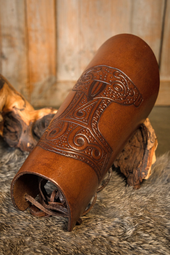 Leather Viking Bracers with Mjolnir