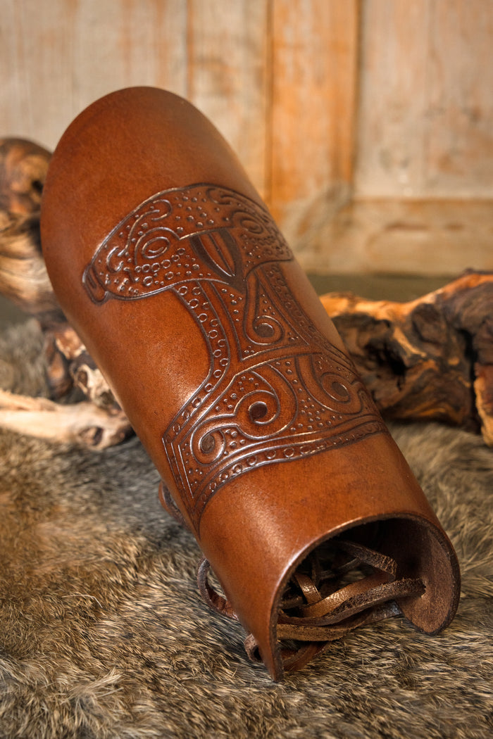 Leather Viking Bracers with Mjolnir