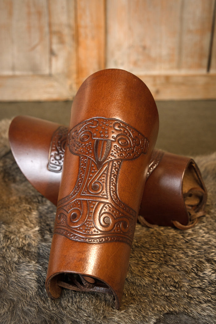 Leather Viking Bracers with Mjolnir