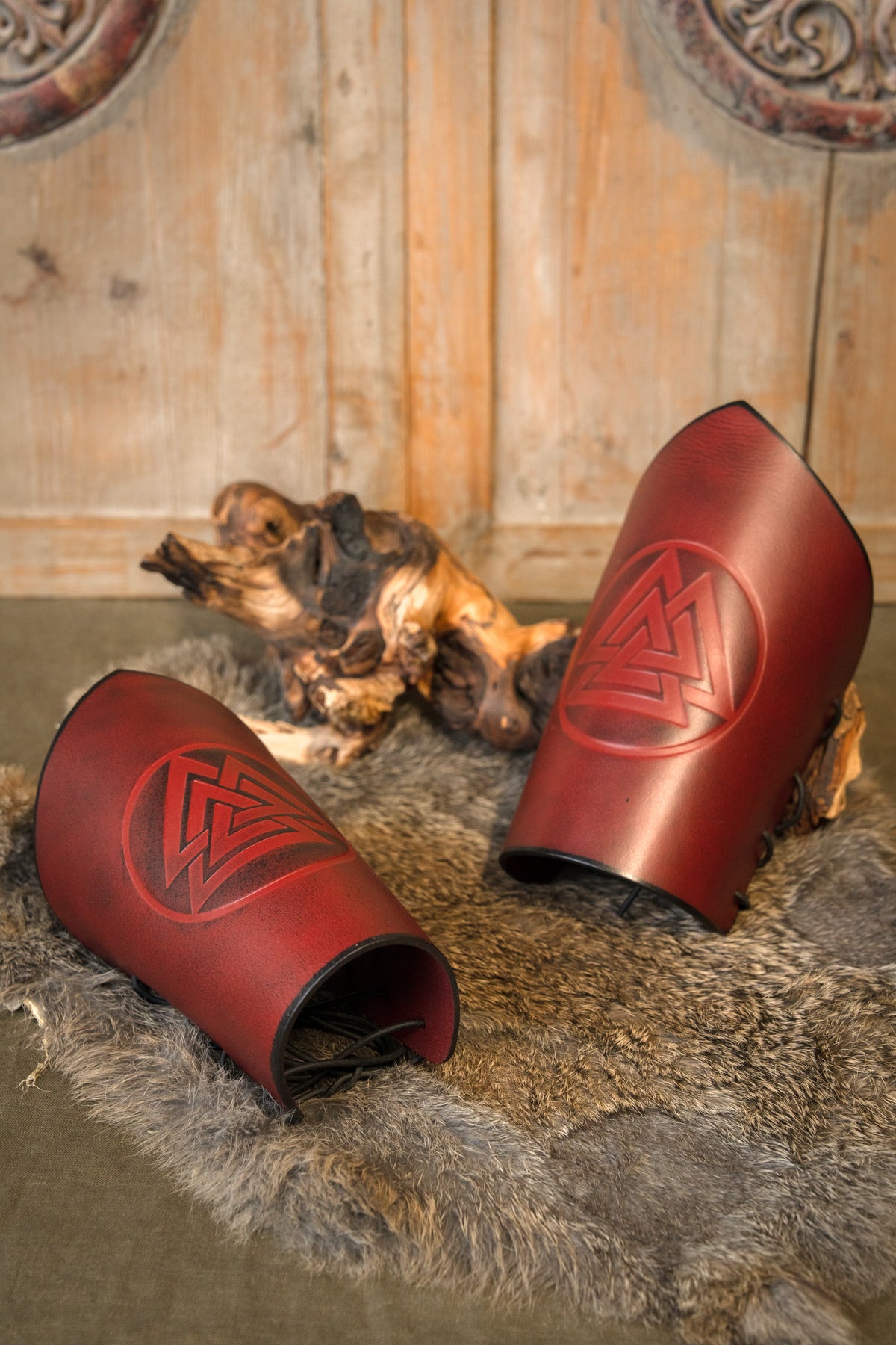Leather bracers Valknut, red