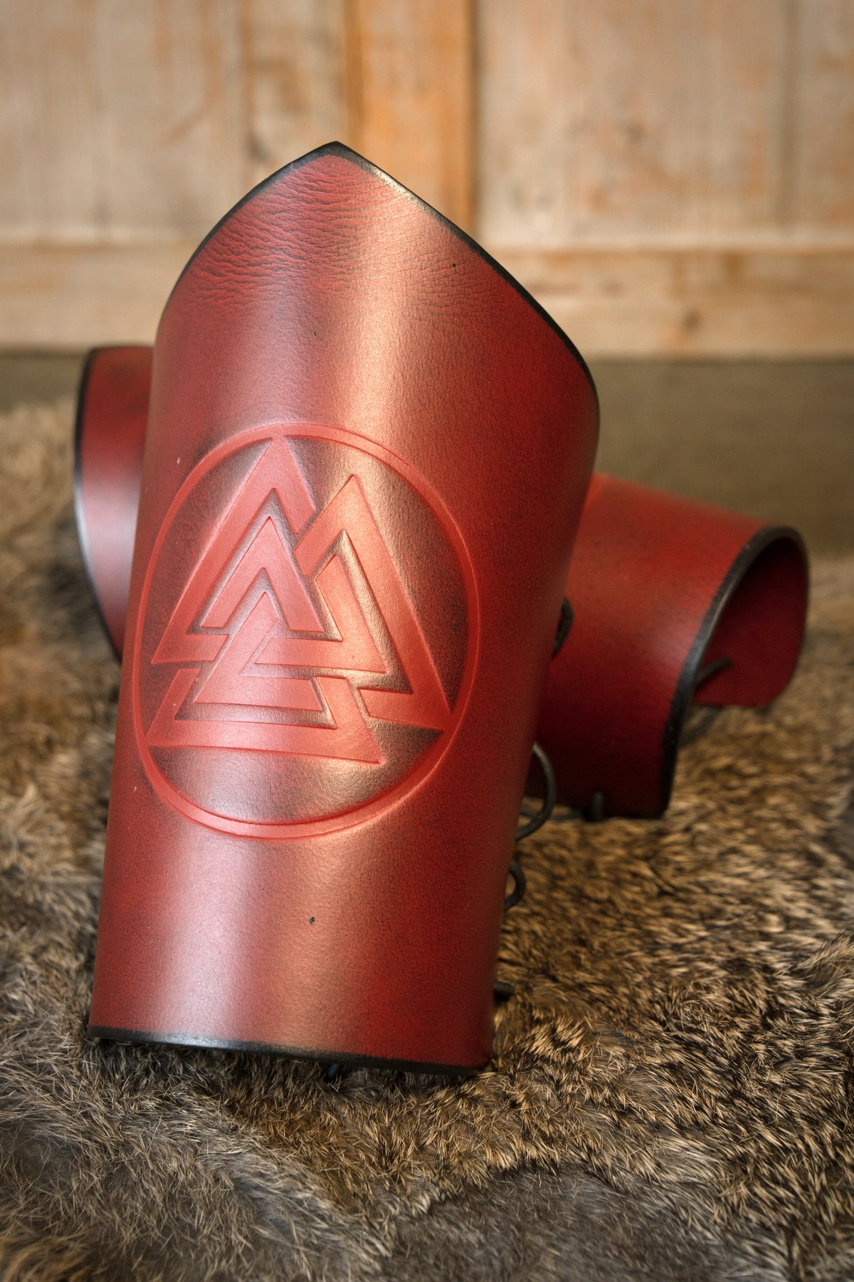 Leather bracers Valknut, red