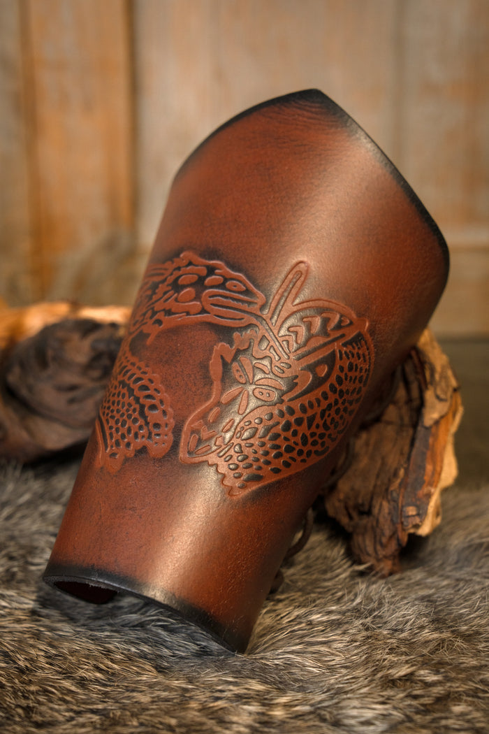 Leather bracers with dragon, underarm guards, brown