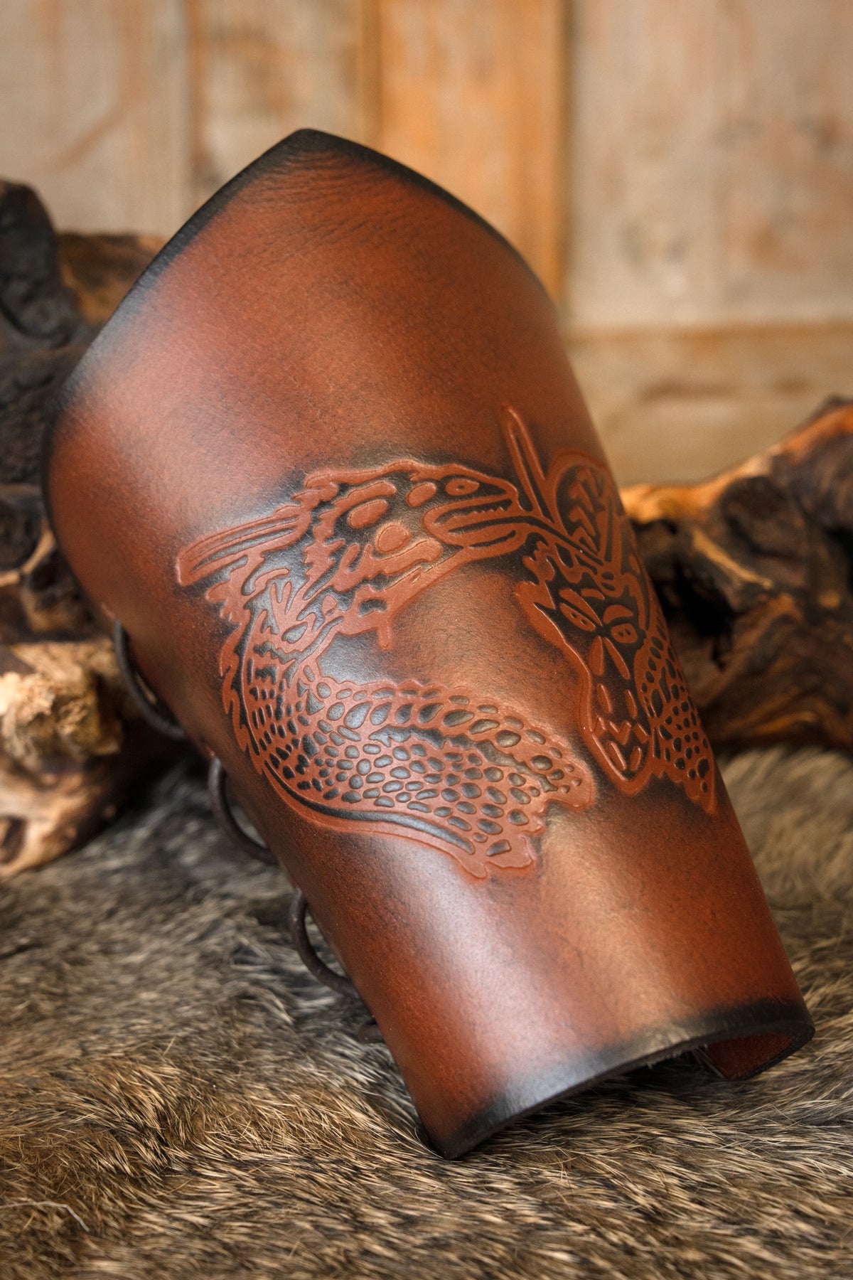 Leather bracers with dragon, underarm guards, brown