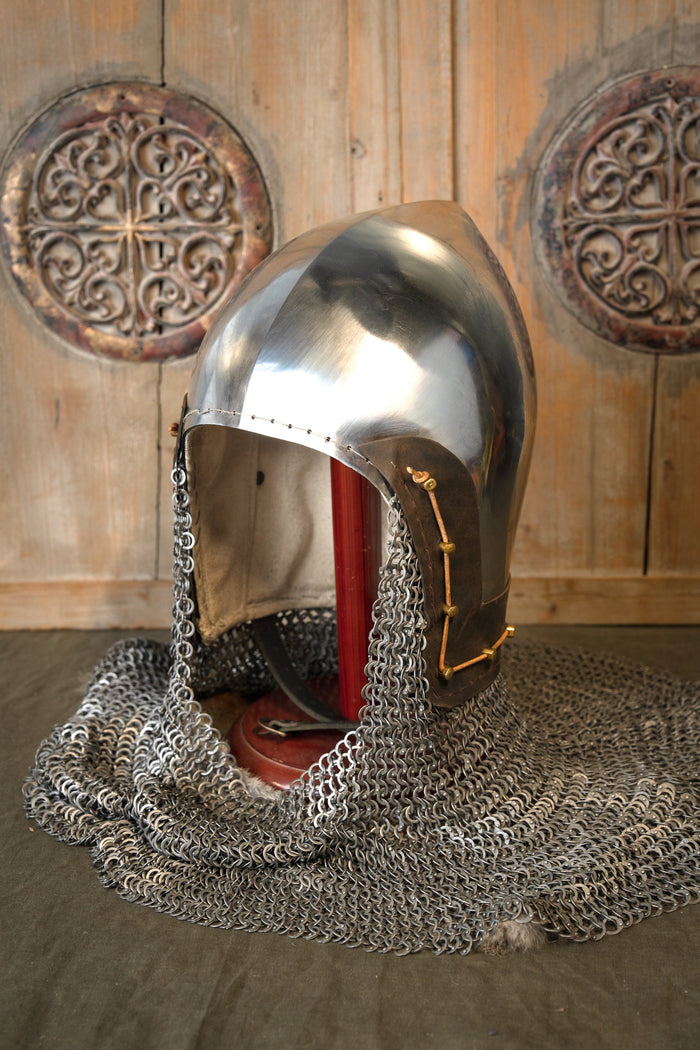 14th century bascinet with aventail flat rings round rivets, 2 mm (battle-ready)