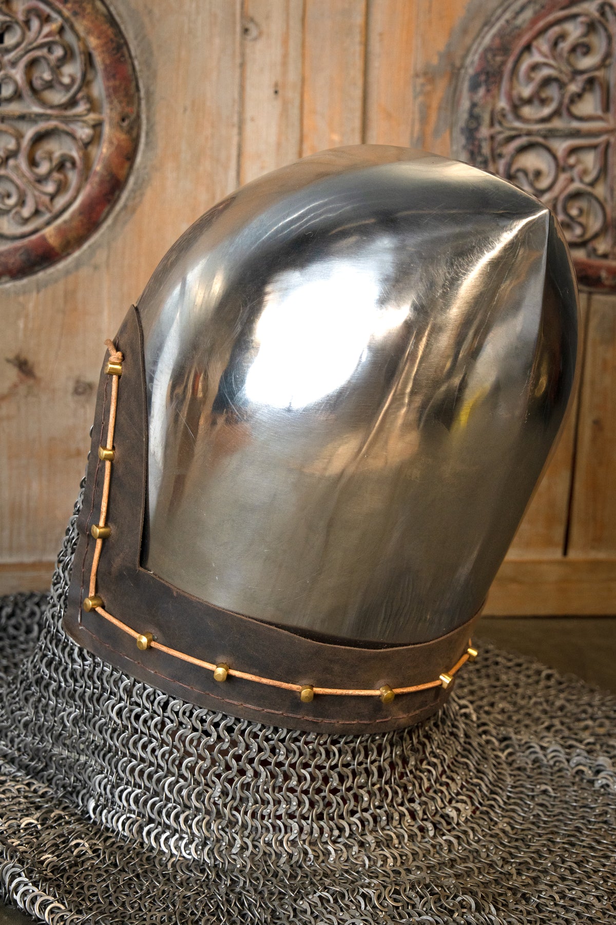14th century bascinet with aventail flat rings round rivets, 2 mm (battle-ready)