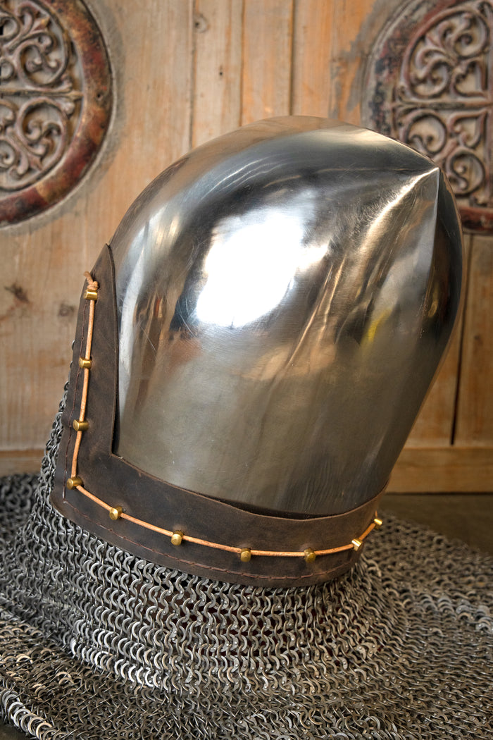 14th century bascinet with aventail flat rings round rivets, 2 mm (battle-ready)