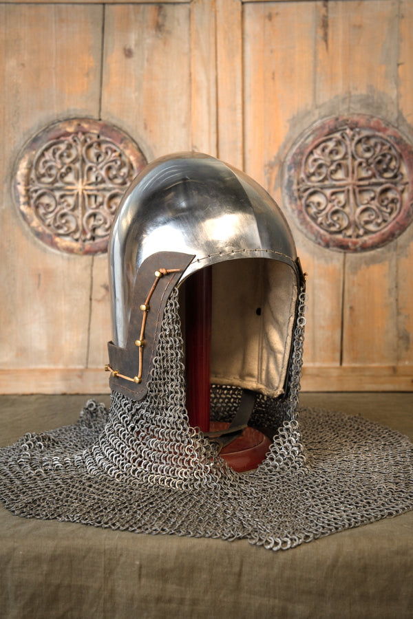 14th century bascinet with aventail flat rings round rivets, 2 mm (battle-ready)