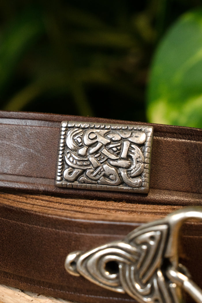 Viking belt, Borre style deluxe, silver-plated, 165 cm, brown