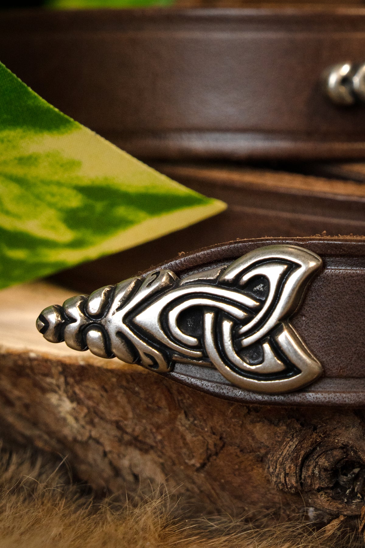 Viking belt, Borre style deluxe, silver-plated, 165 cm, brown