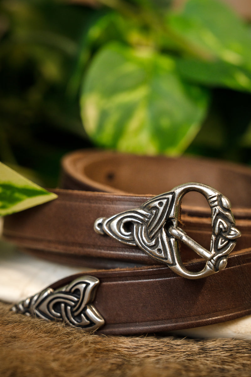 Cinturón vikingo estilo Borre deluxe, plateado, 165 cm, marrón