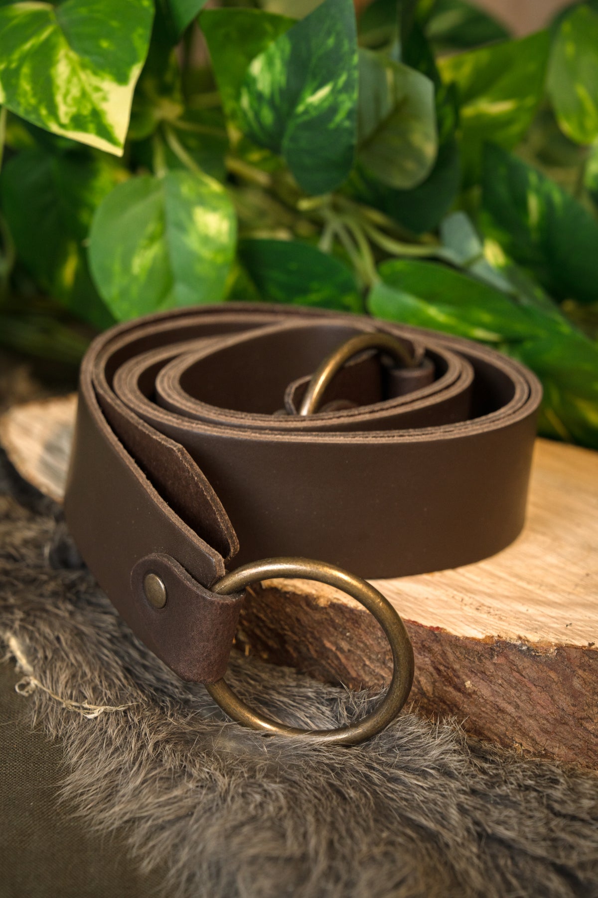 Leather belt with ring buckle, 165 cm, brown