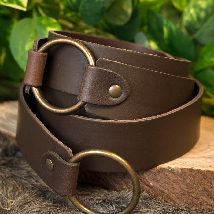 Leather belt with ring buckle, 165 cm, brown