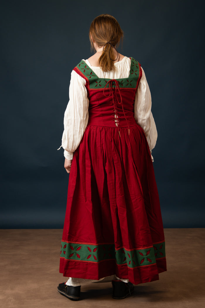 Landsknecht Kampfraudress Hannah, kirtle, wool, green-red
