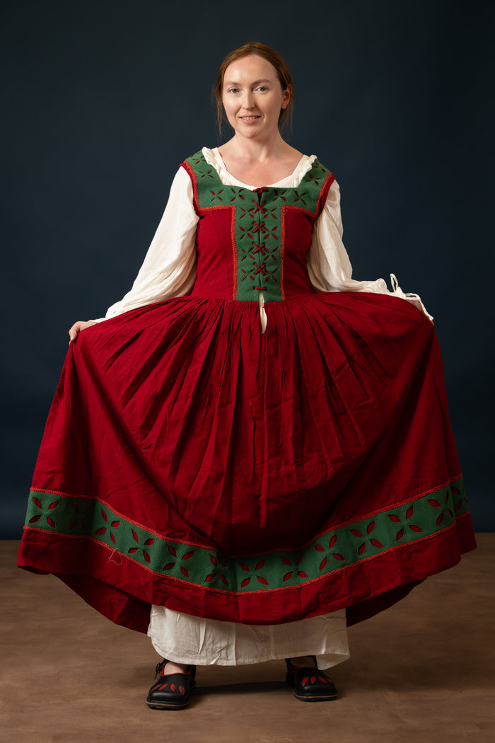 Landsknecht Kampfraudress Hannah, kirtle, wool, green-red