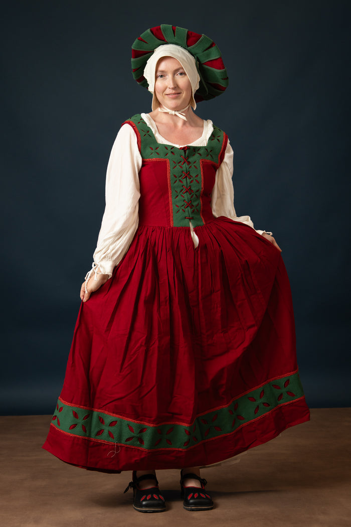Landsknecht Kampfraudress Hannah, kirtle, wool, green-red
