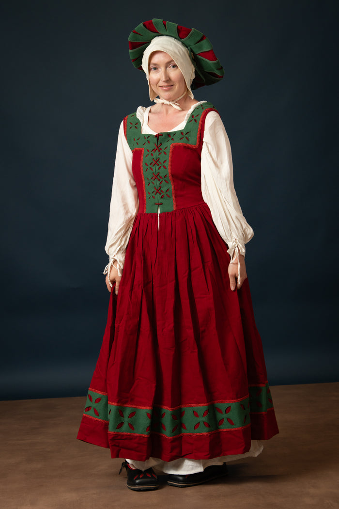 Landsknecht Kampfraudress Hannah, kirtle, wool, green-red