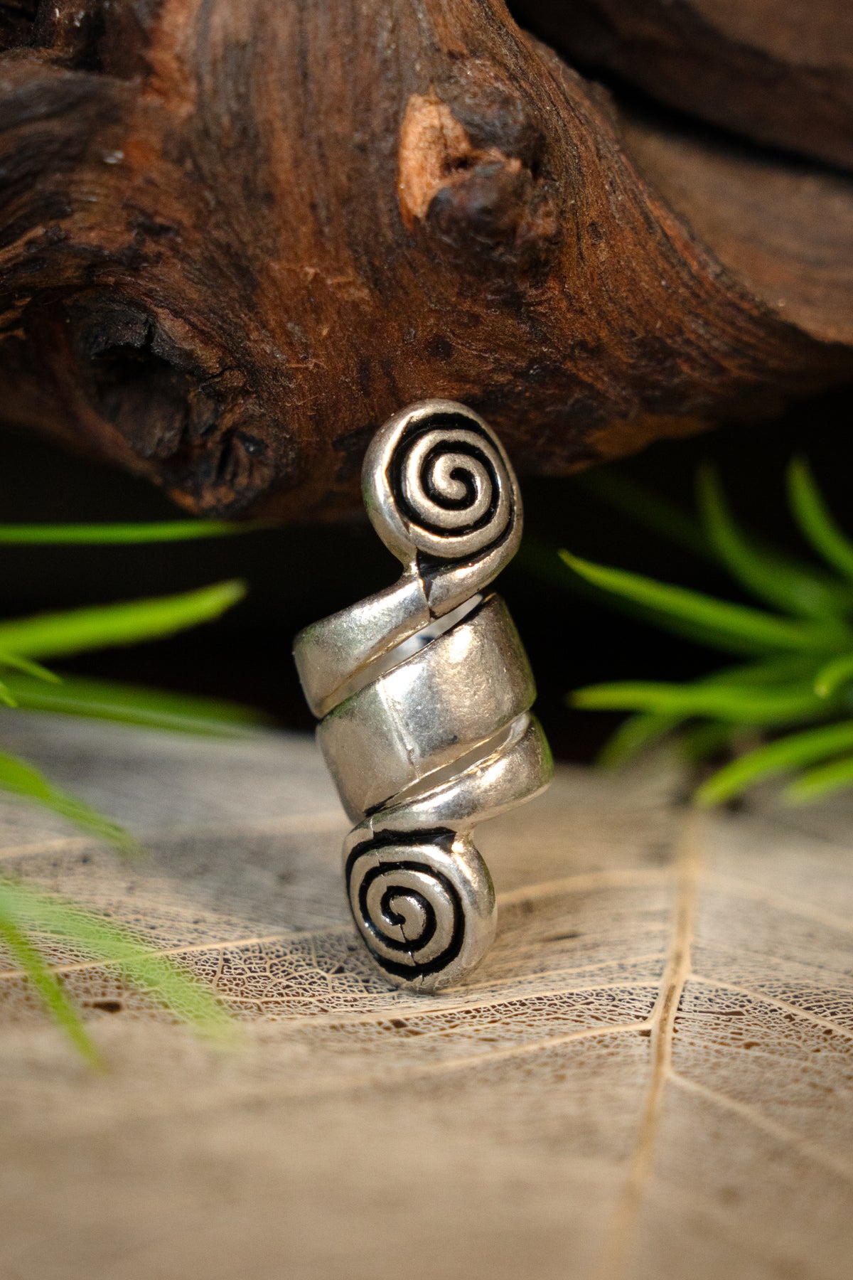 Celtic beard bead with spirals, silvered bronze