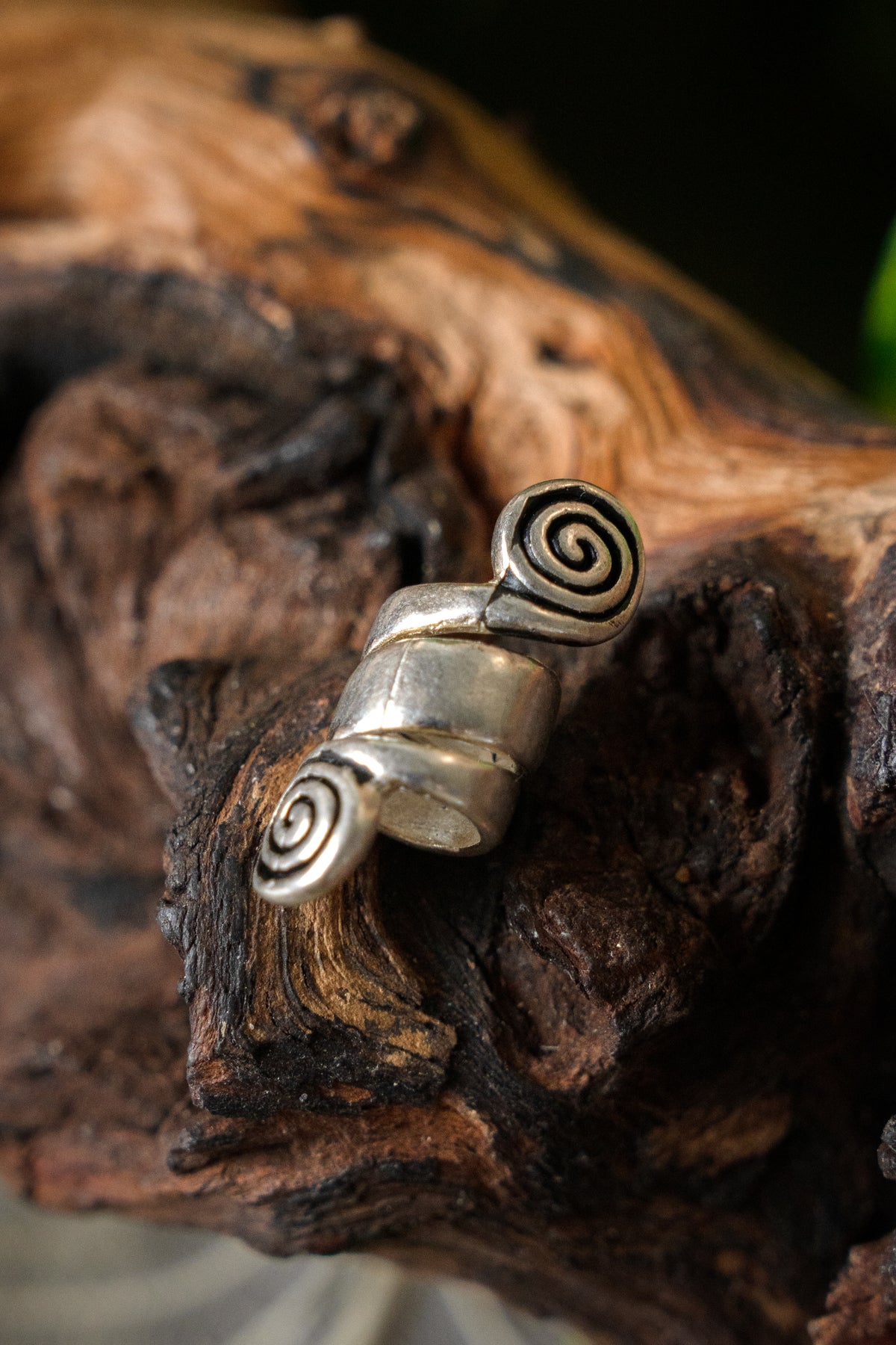 Celtic beard bead with spirals, silvered bronze