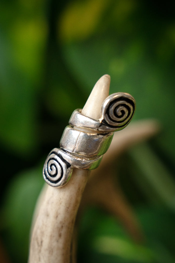 Celtic beard bead with spirals, silvered bronze
