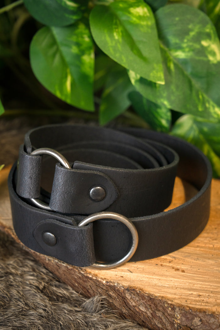Leather belt with ring buckle, black split leather, 155 cm