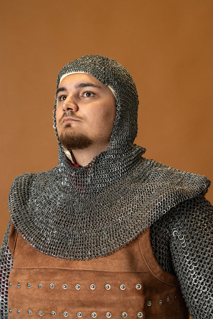 Chainmail coif with square neck, mixed riveted rings, 6 mm