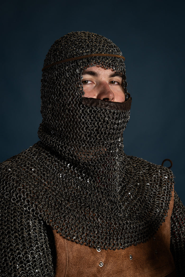 Chainmail coif with triangular ventail, round rings riveted, 8 mm