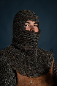 Chainmail coif with triangular ventail, round rings riveted, 8 mm