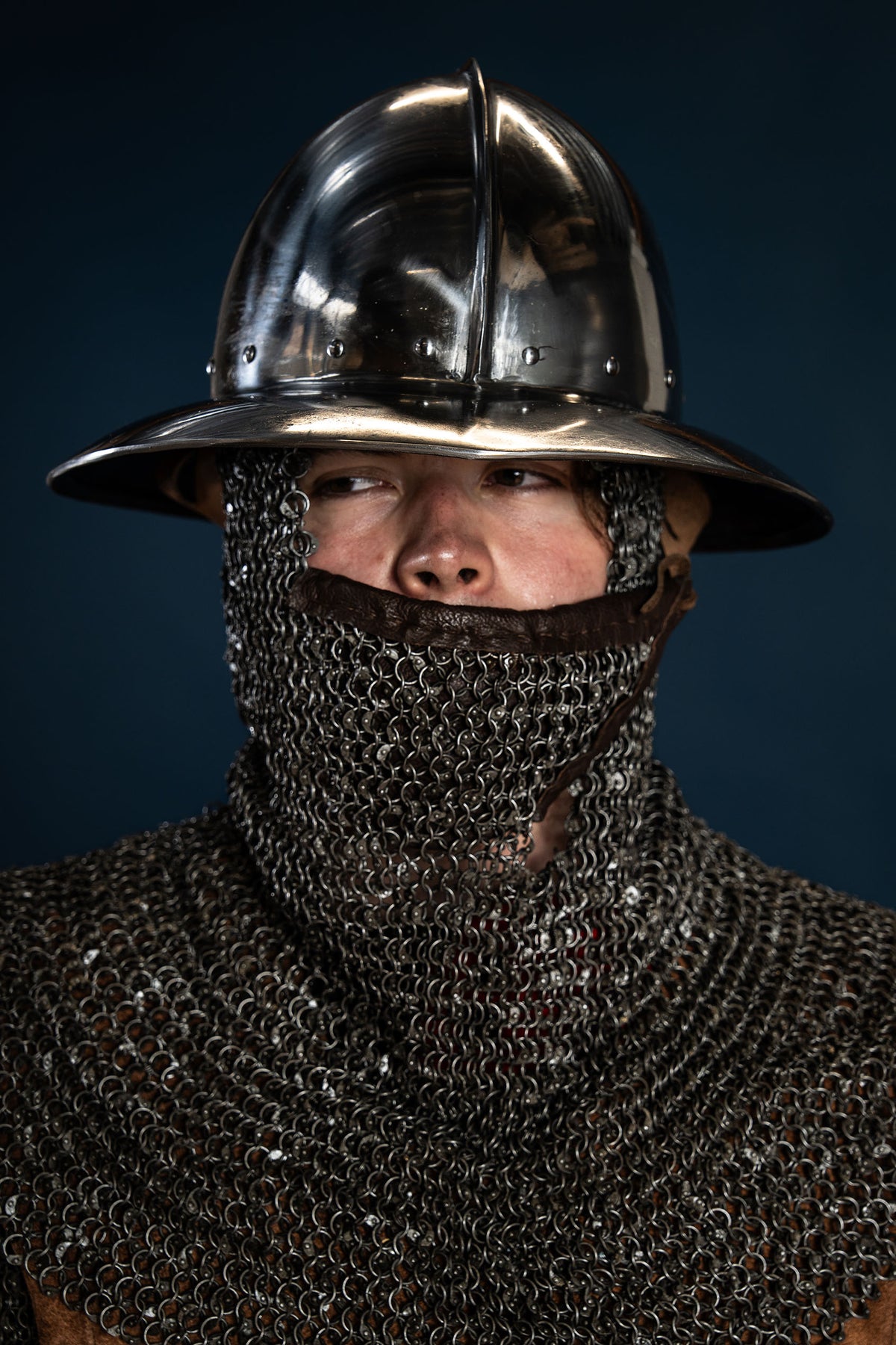 Chainmail coif with triangular ventail, round rings riveted, 8 mm