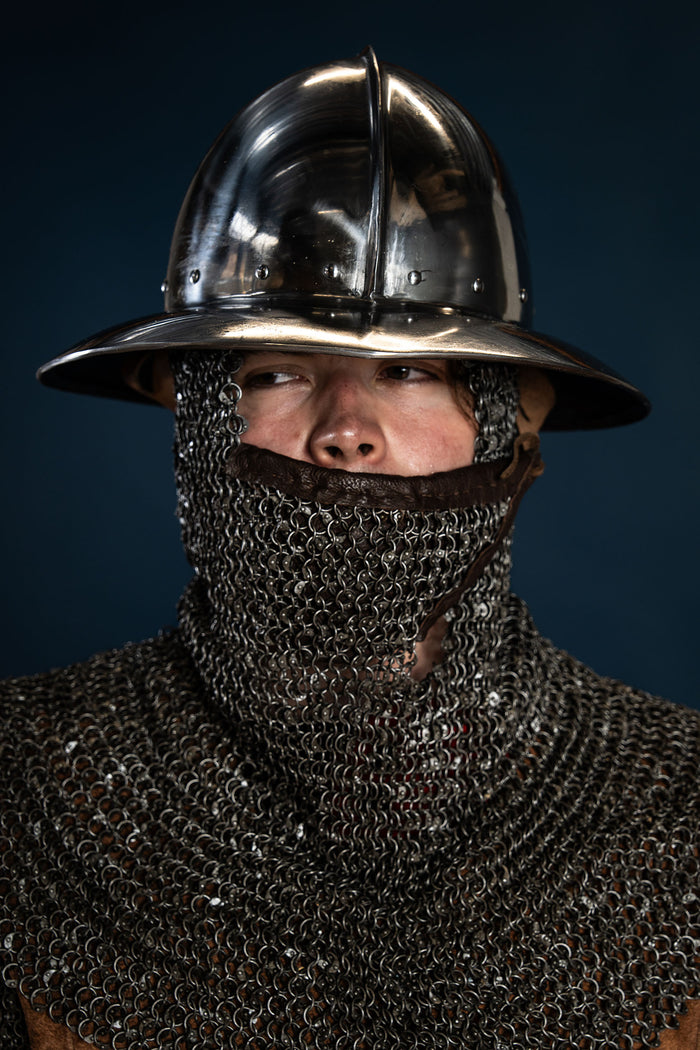 Chainmail coif with triangular ventail, round rings riveted, 8 mm