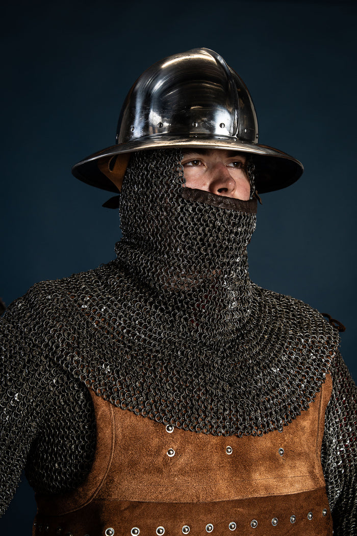 Chainmail coif with triangular ventail, round rings riveted, 8 mm