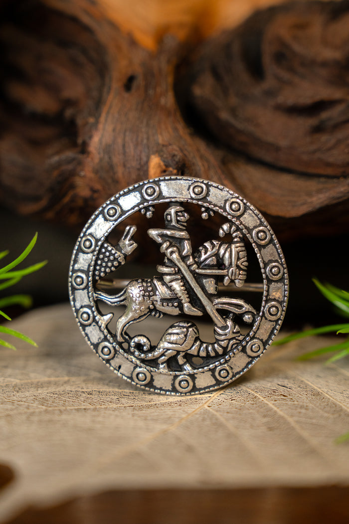 Medieval brooch St George, silvered bronze