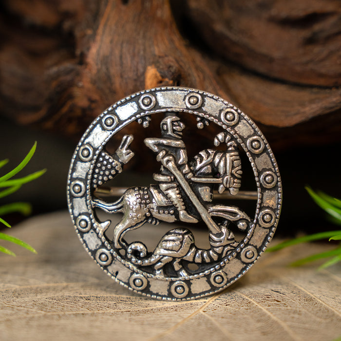 Medieval brooch St George, silvered bronze