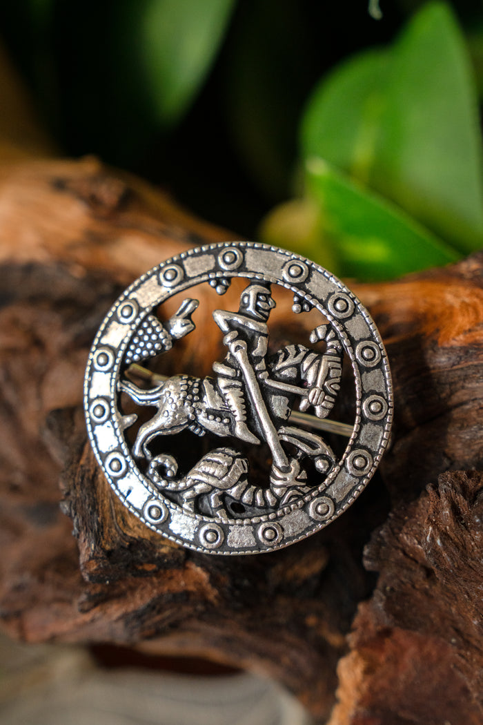 Medieval brooch St George, silvered bronze