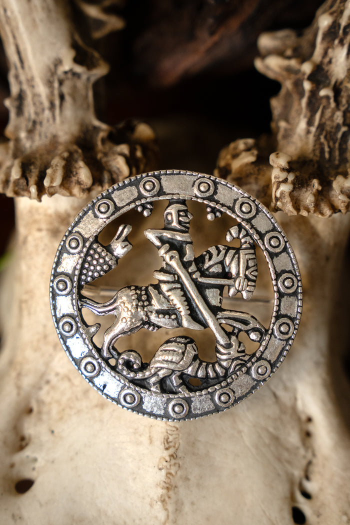 Medieval brooch St George, silvered bronze