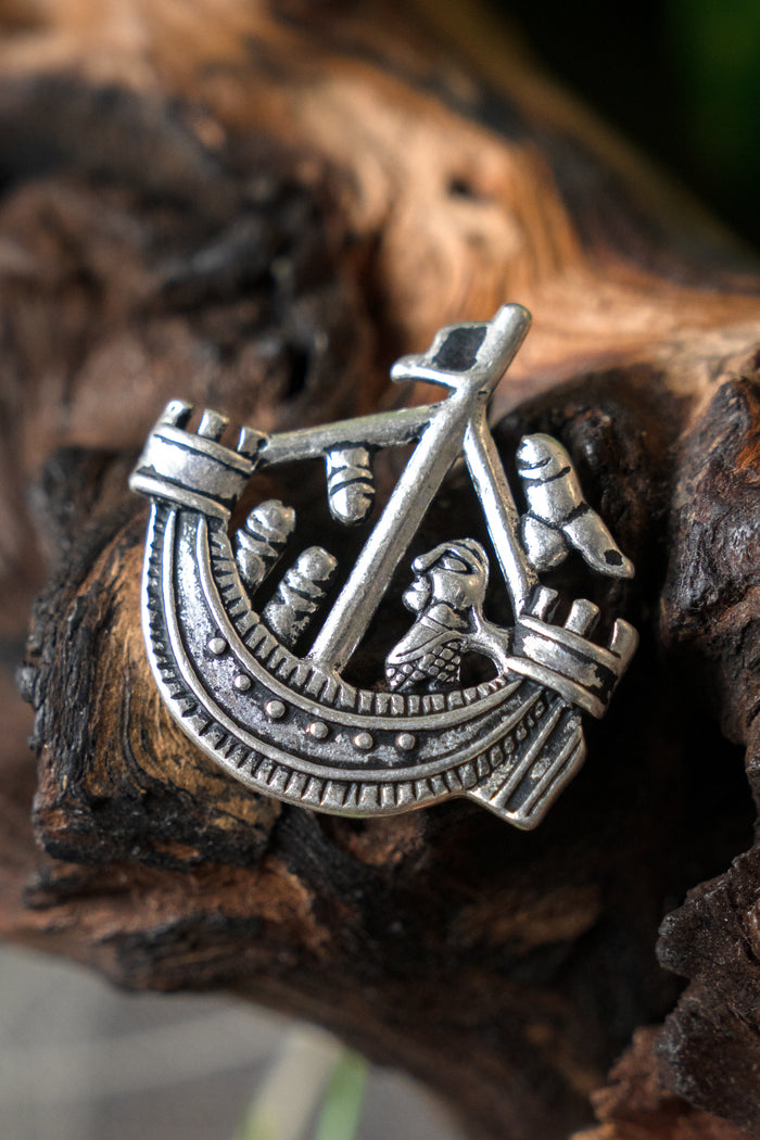 Pilgrim badge phallus ship, silvered bronze