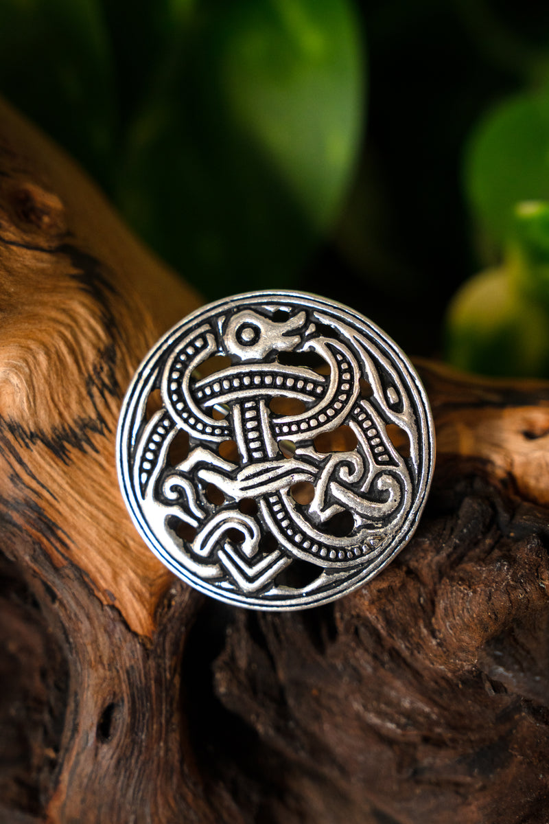 Viking disc fibula Jellinge style, silvered bronze