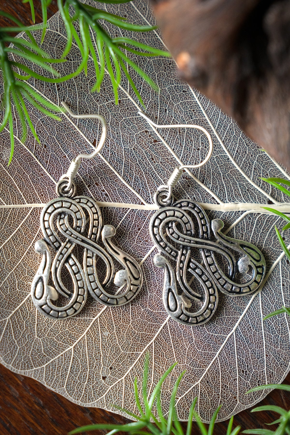 Viking earrings Midgard snake, silvered bronze