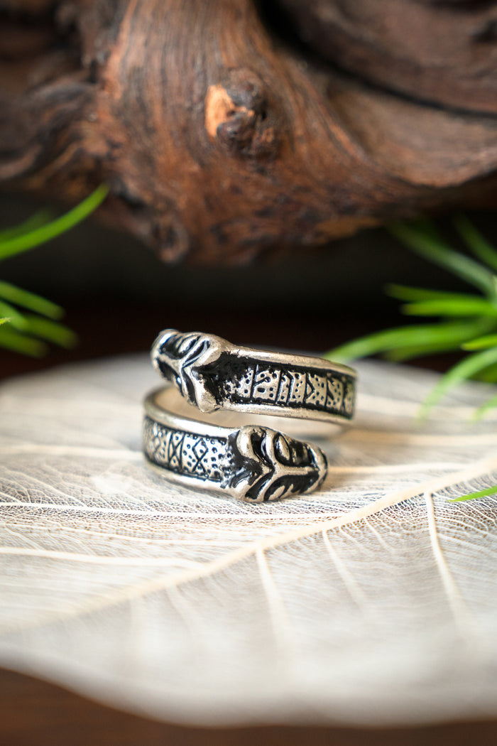 Viking rune ring with wolf heads, silvered bronze