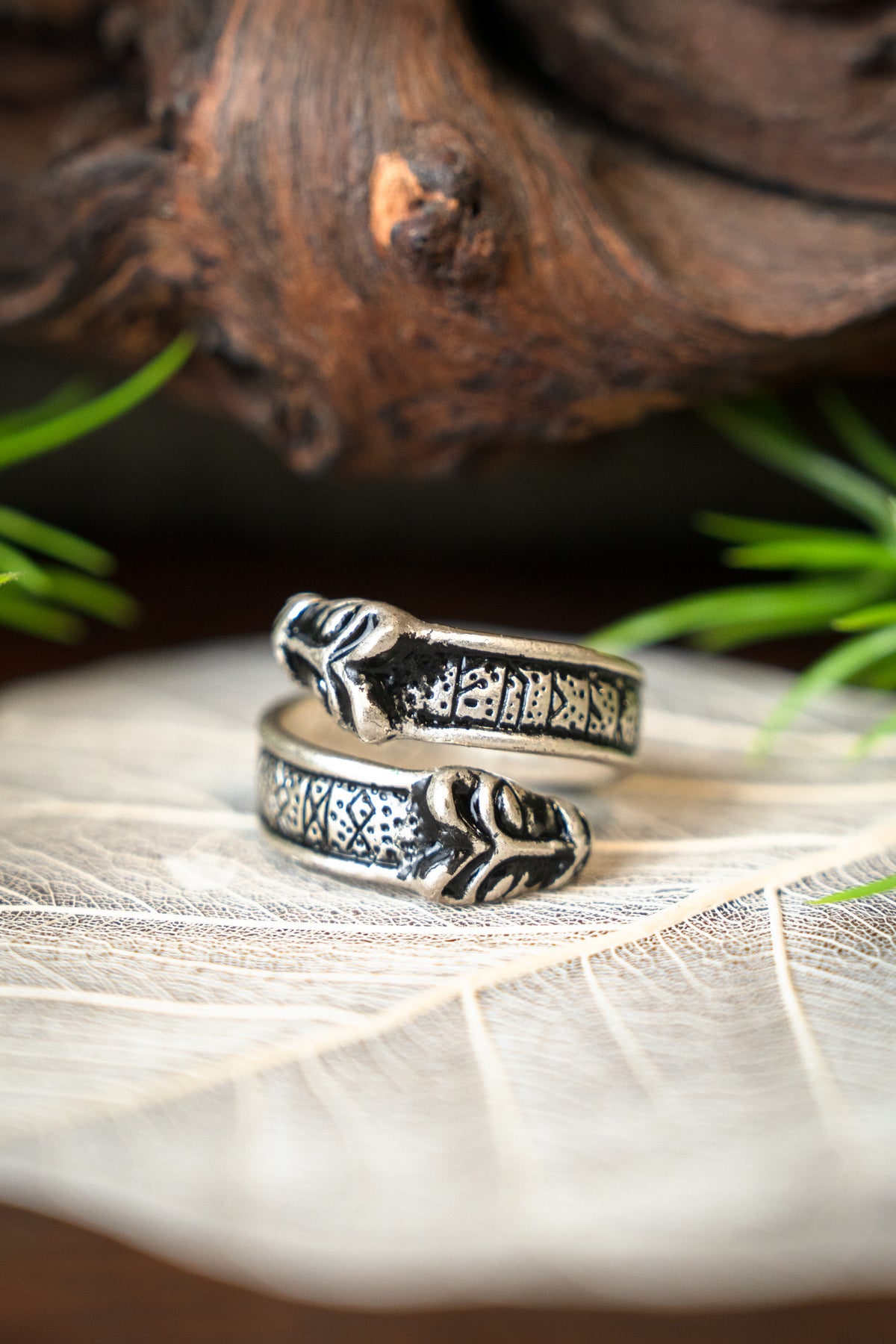 Viking rune ring with wolf heads, silvered bronze