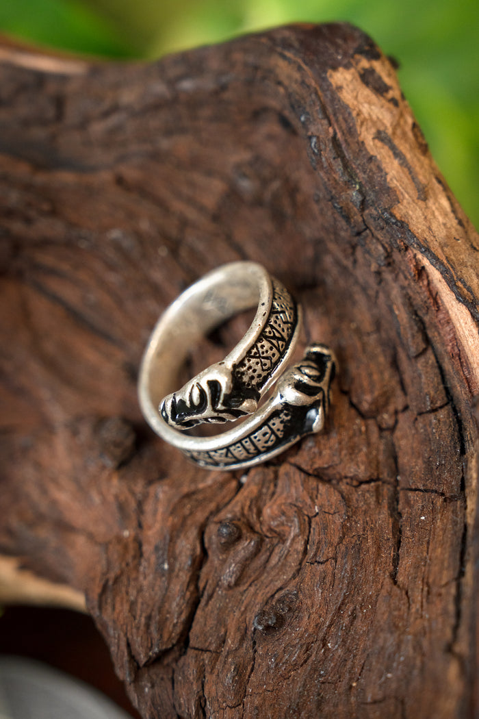 Viking rune ring with wolf heads, silvered bronze